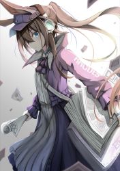 Rule 34 | 1girl, amiya (arknights), amiya (newsgirl) (arknights), animal ears, arknights, ascot, blue eyes, blue hat, blue jacket, brown hair, clothes writing, commentary, dress, ears through headwear, eatos, english commentary, floating hair, from side, gradient background, grey background, hair between eyes, hat, headphones, highres, holding, holding newspaper, jacket, long hair, long sleeves, looking at viewer, newspaper, official alternate costume, ponytail, rabbit ears, rolled up newspaper, sidelocks, sideways glance, solo, standing, upper body, white background, white dress