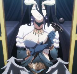 Rule 34 | 1girl, albedo (overlord), black hair, breasts, cleavage, demon girl, closed eyes, highres, horns, large breasts, long hair, overlord (maruyama), stitched, third-party edit