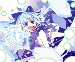 Rule 34 | 1girl, akaneya, blue dress, blue eyes, blue hair, bow, cirno, danmaku, dress, hair bow, ice, ice block, ice wings, matching hair/eyes, open mouth, outstretched arms, puffy short sleeves, puffy sleeves, shirt, short sleeves, silver hair, smile, solo, touhou, wings