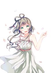 Rule 34 | 1girl, blush, braid, breasts, brown hair, collarbone, dress, eyelashes, green eyes, hair ornament, highres, looking at viewer, luo tianyi, open mouth, painttool sai, pale skin, petals, sleeveless, solo, standing, vocaloid, vocanese, white background, wind