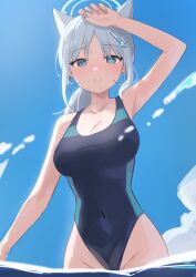 Rule 34 | 1girl, absurdres, animal ear fluff, animal ears, armpits, black one-piece swimsuit, blue archive, blue eyes, blue sky, breasts, cloud, competition swimsuit, covered navel, cross hair ornament, extra ears, grey hair, grunel (grunel 7979), hair ornament, halo, highres, looking at viewer, low ponytail, medium breasts, medium hair, mismatched pupils, multicolored clothes, multicolored swimsuit, official alternate costume, one-piece swimsuit, parted lips, shiroko (blue archive), shiroko (swimsuit) (blue archive), sky, solo, standing, swimsuit, wading, water, wolf ears