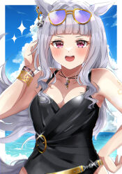 Rule 34 | 1girl, :d, absurdres, animal ears, bare shoulders, black one-piece swimsuit, blue sky, blush, border, bracelet, cloud, cloudy sky, commentary request, cowboy shot, ear ornament, ear piercing, eyewear on head, gold ship (run revolt launcher) (umamusume), gold ship (umamusume), grey hair, hand on own hip, highres, horse ears, horse girl, horse tail, jewelry, long hair, looking at viewer, mare ma, necklace, ocean, official alternate costume, one-piece swimsuit, open mouth, outdoors, piercing, pink eyes, sky, smile, sunglasses, swimsuit, tail, teeth, umamusume, upper teeth only, very long hair, water, white border