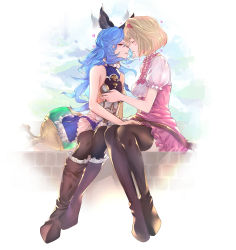 Rule 34 | 2girls, absurdres, animal ears, black legwear, blonde hair, blue hair, blue skirt, boots, grabbing another&#039;s breast, breasts, brown legwear, closed eyes, couple, djeeta (granblue fantasy), ferry (granblue fantasy), floating hair, frilled legwear, frilled skirt, frills, full body, grabbing, granblue fantasy, hair tubes, hairband, half-closed eyes, heart, high-waist skirt, highres, imminent kiss, knee boots, long hair, looking at viewer, looking to the side, miniskirt, multiple girls, parted lips, pink hairband, pink skirt, reki (dezuko), shirt, short sleeves, sideboob, sitting, skirt, small breasts, thighhighs, white background, white shirt, yuri