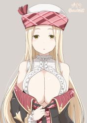 Rule 34 | 10s, 1girl, bare shoulders, blonde hair, blush, breasts, brown eyes, cleavage, diola (granblue fantasy), granblue fantasy, hat, huge breasts, kichihachi, long hair, looking at viewer, open mouth, paizuri invitation, simple background, solo, twitter username, undressing