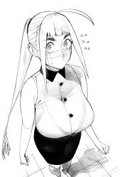 Rule 34 | 1girl, ahoge, blush, bra visible through clothes, bralines, breasts, buttons, conto, from above, greyscale, hanako (conto), highres, huge ahoge, large breasts, long hair, mask, monochrome, mouth mask, original, pencil skirt, ponytail, resolution mismatch, see-through, shirt, sidelocks, skirt, sleeveless, sleeveless shirt, solo, source larger, surgical mask, thick thighs, thighs, wet, wet clothes, wet shirt
