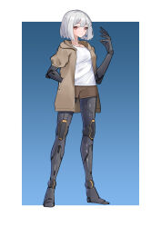 Rule 34 | 1girl, absurdres, black sclera, blue background, colored sclera, commentary request, commission, cyborg, expressionless, full body, grey hair, hand in pocket, highres, jacket, looking at viewer, mismatched sclera, open clothes, open jacket, orange eyes, original, prosthesis, prosthetic arm, prosthetic leg, ringobatake, science fiction, shirt, short hair, shorts, skeb commission, solo, standing, white shirt