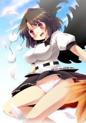 Rule 34 | 1girl, blush, breasts, brown hair, cloud, day, feathers, female focus, hat, impossible clothes, impossible shirt, large breasts, leaf, looking at viewer, open mouth, panties, red eyes, shameimaru aya, shirt, short hair, sky, solo, tekehiro, tokin hat, touhou, underwear, white panties, wings