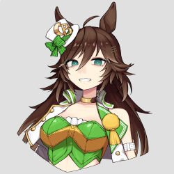 Rule 34 | 1girl, absurdres, ahoge, animal ears, aqua eyes, arm belt, asymmetrical sleeves, bandeau, belt, breasts, brown hair, commentary request, gold choker, green bandeau, grey background, grin, hair between eyes, hair ornament, hairclip, hat, highres, horse ears, horse girl, jacket, long hair, long sleeves, looking at viewer, medium breasts, mini hat, mini top hat, mr. c.b. (umamusume), open clothes, open jacket, sanada ina, simple background, single bare shoulder, smile, solo, tilted headwear, top hat, umamusume, upper body, white belt, white hat