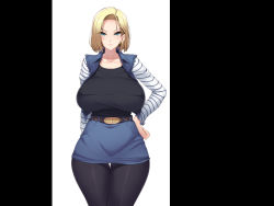 Rule 34 | 1girl, alternate ass size, alternate body size, alternate breast size, android 18, belt, belt buckle, black pantyhose, black shirt, blonde hair, blue eyes, breasts, buckle, collarbone, dragon ball, dragonball z, earrings, facing viewer, green eyes, hand on own hip, highres, huge breasts, jacket, jewelry, legs, looking at viewer, miniskirt, mochi kuu usagi, pantyhose, sagging breasts, serious, shirt, short hair, simple background, skirt, solo, standing, striped sleeves, thigh gap, thighs, white background
