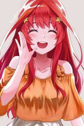 Rule 34 | 1girl, :d, aviary, blouse, closed eyes, collarbone, commentary, facing viewer, go-toubun no hanayome, hair ornament, hand up, highres, long hair, nakano itsuki, off-shoulder shirt, off shoulder, open mouth, orange shirt, red hair, shirt, short sleeves, signature, simple background, skirt, smile, solo, star (symbol), star hair ornament, teeth, upper teeth only, waving, white skirt
