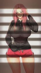 Rule 34 | 1girl, black jacket, blue eyes, blush, closed mouth, embarrassed, glory hole (manhwa), hand on own hip, highres, jacket, long hair, long sleeves, looking to the side, pink hair, red shorts, shorts, solo, very long hair, yang geum-hae