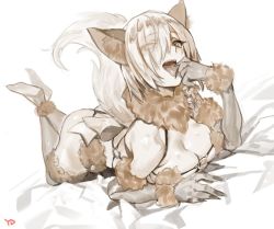 Rule 34 | 1girl, animal ears, artist name, ass, breast press, breasts, claws, cleavage, elbow gloves, fate/grand order, fate (series), finger to tongue, fur-trimmed gloves, fur-trimmed legwear, fur trim, gloves, hair over one eye, halloween costume, jpeg artifacts, legs up, lying, mash kyrielight, mash kyrielight (dangerous beast), monochrome, no shoes, o-ring, o-ring bottom, o-ring top, official alternate costume, on stomach, signature, solo, tail, tongue, tongue out, wolf ears, wolf tail, yd (orange maru)