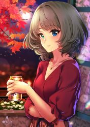 Rule 34 | 1girl, artist name, beer can, blue eyes, blush, breasts, brown hair, can, cleavage, closed mouth, collarbone, drink can, eyelashes, flower, full moon, green eyes, heterochromia, highres, holding, holding can, idolmaster, idolmaster cinderella girls, infinote, jewelry, leaf, lips, logo, looking at viewer, maple leaf, medium breasts, mole, mole under eye, moon, necklace, night, short hair, signature, smile, solo, takagaki kaede, tree, upper body, window