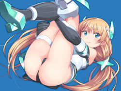 Rule 34 | 1girl, angela balzac, armor, armpits, ass, bare shoulders, black footwear, black gloves, blonde hair, blue background, blue eyes, blush, bodysuit, boots, breasts, elbow gloves, from side, gloves, halterneck, hand on own thigh, headgear, high heel boots, high heels, highleg, highleg leotard, hugging own legs, knee boots, kneepits, legs up, leotard, light smile, long hair, looking at viewer, low twintails, lying, michairu, on back, partially visible vulva, pilot suit, rakuen tsuihou, simple background, smile, solo, thigh strap, thighs, thong, thong leotard, turtleneck, twintails, very long hair