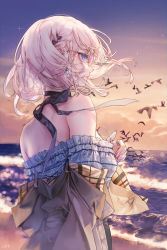 Rule 34 | 1girl, artist name, back, bad id, bad pixiv id, bare shoulders, beach, bird, blue eyes, blue shirt, blush, breasts, brown jacket, closed mouth, commentary request, earrings, floating hair, from behind, hair ornament, highres, jacket, jewelry, kim eb, long sleeves, looking away, mole, mole under eye, nail polish, ocean, original, outdoors, pink-tinted eyewear, pink-tinted glasses, plaid, plaid shirt, profile, purple-tinted eyewear, purple-tinted glasses, ring, shirt, short hair, sky, solo, sunglasses, tinted eyewear