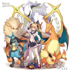 Rule 34 | 1girl, ahoge, arceus, bad id, bad twitter id, black gloves, black skirt, blazer, blonde hair, bow, bowtie, breasts, buttons, charizard, closed mouth, commentary request, copyright name, creatures (company), crossover, double-breasted, expressionless, fingerless gloves, flame-tipped tail, flareon, frilled skirt, frills, full body, game freak, gen 1 pokemon, gen 4 pokemon, gen 7 pokemon, gloves, growlithe, hand in own hair, hand on own hip, highres, jacket, legendary pokemon, litten, long hair, looking at viewer, lucario, medium breasts, miniskirt, mythical pokemon, nijisanji, nintendo, ogamikeito, poke ball, pokemon, pokemon (creature), purple eyes, red footwear, school uniform, shirt, shoes, simple background, skirt, standing, takamiya rion, takamiya rion (1st costume), thighhighs, thighs, twintails, uniform, virtual youtuber, white background, white jacket, white neckwear, white shirt, white thighhighs, zettai ryouiki