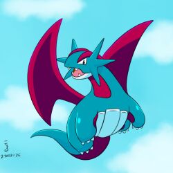 Rule 34 | animal focus, artist request, blue sky, claws, creatures (company), dragon, dragon tail, dragon wings, fangs, flying, full body, game freak, gen 3 pokemon, looking at viewer, nintendo, no humans, open mouth, pokemon, pokemon (creature), salamence, simple background, sky, solo, tail, wings