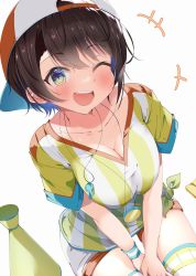 Rule 34 | 1girl, absurdres, aqua eyes, backwards hat, baseball cap, blush, breasts, breasts squeezed together, brown hair, cleavage, collarbone, from above, hands on own thighs, hat, highres, hololive, kuno (kc9s), large breasts, looking at viewer, loose clothes, loose shirt, megaphone, one eye closed, oozora subaru, oozora subaru (1st costume), open mouth, oversized clothes, oversized shirt, shirt, short hair, short shorts, short sleeves, shorts, simple background, sitting, smile, stopwatch, striped clothes, striped shirt, sweatband, swept bangs, t-shirt, taut clothes, taut shirt, thighhighs, tied shirt, two-tone headwear, two-tone shirt, v-neck, vertical-striped clothes, vertical-striped shirt, virtual youtuber, watch, whistle, whistle around neck, white background, white shorts, wristband