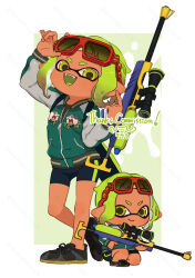 Rule 34 | 1girl, bike shorts, black footwear, border, chibi, chibi inset, commentary request, commission, coula cat, cross-laced footwear, eyewear on head, green background, green hair, gun, holding, holding gun, holding weapon, ink tank (splatoon), inkling, inkling girl, inkling player character, medium hair, multiple views, nintendo, open mouth, outside border, pointy ears, red-framed eyewear, scope, shoes, smile, splat charger (splatoon), splatoon (series), splatoon 3, standing, sunglasses, tan, teeth, tentacle hair, thank you, weapon, white border