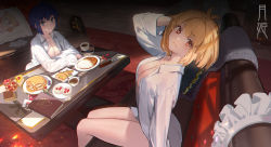 Rule 34 | 2girls, antenna hair, arcueid brunestud, blonde hair, blue eyes, blue hair, blueberry, book, breasts, cake, chromatic aberration, ciel (tsukihime), coffee, couch, cup, curry, curry rice, dress shirt, elbows on table, feixiang de huojiren, food, fruit, head tilt, highres, indoors, knife, legs together, light particles, looking at viewer, medium breasts, morning, multiple girls, naked shirt, neco-arc, no bra, no pants, on couch, open clothes, open shirt, pancake, parted lips, photo (object), pillow, red eyes, rice, rug, shirt, short hair, sitting, smile, sunlight, table, tsukihime, white shirt