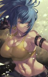 Rule 34 | 1girl, abs, ammunition pouch, armlet, bare shoulders, belt, blue eyes, blue hair, breasts, camouflage, camouflage pants, dog tags, earrings, gloves, highres, jewelry, large breasts, leona heidern, midriff, military, military uniform, murata tefu, muscular, muscular female, pants, ponytail, pouch, signature, sleeveless, solo, tank top, the king of fighters, the king of fighters xiv, the king of fighters xv, triangle earrings, uniform, white background, yellow tank top