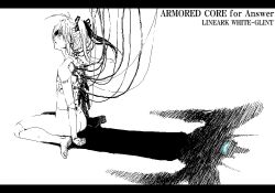 Rule 34 | 1girl, armored core, armored core: for answer, ass, blue eyes, female focus, from software, monochrome, shadow, sitting, solo, spot color, white background, white glint, wire