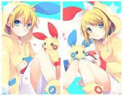 Rule 34 | 1boy, 1girl, :&lt;, :o, ahoge, arm at side, black eyes, blonde hair, blue eyes, blush, boots, border, bow, brother and sister, casual, cosplay, creatures (company), crossover, drawstring, eyebrows, flat chest, game freak, gen 3 pokemon, hair ornament, hairclip, holding, holding poke ball, hood, hoodie, kagamine len, kagamine rin, knees together feet apart, knees up, kuroi (liar-player), long sleeves, matching outfits, minun, minun (cosplay), nintendo, plusle, plusle (cosplay), pocket, poke ball, poke ball (basic), pokemon, short hair, siblings, sitting, smile, sparkle, split screen, star (symbol), twins, vocaloid, white border, white bow