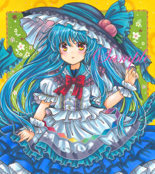 Rule 34 | 1girl, :o, adapted costume, apron, blue hair, blue hat, blue ribbon, blue skirt, blush, border, bow, bowtie, buttons, cowboy shot, dot nose, floral background, flower, food, frilled apron, frilled cuffs, frilled ribbon, frilled shirt, frilled shirt collar, frilled skirt, frills, fruit, fruit hat ornament, green background, hand on headwear, hand up, hat, hat ribbon, hinanawi tenshi, lace, lace-trimmed shirt, lace trim, layered skirt, long hair, looking at viewer, marker (medium), outside border, peach, puffy short sleeves, puffy sleeves, rainbow gradient, red bow, red bowtie, red eyes, red flower, ribbon, rui (sugar3), sample watermark, shikishi, shirt, short sleeves, skirt, solo, standing, touhou, traditional media, waist apron, watermark, white apron, white flower, white shirt, wrist cuffs, yellow border