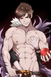 Rule 34 | 1boy, 1other, abs, apple, belial (granblue fantasy), belt, brown hair, feather boa, food, fruit, grabbing, granblue fantasy, groping, hand in pants, highres, kuroshinki, large pectorals, looking at viewer, male focus, muscular, navel, nipples, pants, pectoral grab, pectorals, red eyes, topless male, short hair, smile, solo focus, upper body