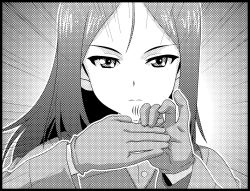 Rule 34 | 1girl, 1koma, border, closed mouth, comic, commentary, emphasis lines, frown, girls und panzer, gloves, greyscale, halftone, hand gesture, jacket, long hair, long sleeves, looking at viewer, monochrome, motion lines, nonna (girls und panzer), pravda military uniform, silent comic, solo, swept bangs, vest, zummy