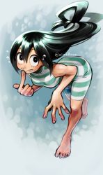 Rule 34 | 1girl, :&gt;, aiue0, asui tsuyu, barefoot, bent over, black eyes, black hair, blush, blush stickers, boku no hero academia, breasts, bubble, closed mouth, collarbone, finger to mouth, flying sweatdrops, frog girl, full body, hair between eyes, hair rings, highres, index finger raised, long hair, looking at viewer, low-tied long hair, medium breasts, one-piece swimsuit, solo, striped, striped clothes, striped one-piece swimsuit, swimsuit, twitter username, underwater