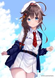 Rule 34 | 1girl, absurdres, ahoge, animal, belt, beret, bird, blue eyes, blue jacket, blush, braid, brown belt, brown hair, buttons, closed mouth, cloud, cloudy sky, collared dress, cowboy shot, day, dress, hair flaps, hat, highres, himura moritaka, jacket, kantai collection, long hair, long sleeves, looking at viewer, necktie, official alternate costume, open clothes, open jacket, red necktie, shigure (kancolle), shigure kai san (kancolle), single braid, skirt, sky, smile, solo, twitter username, white dress, white hat