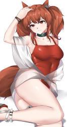 Rule 34 | 1girl, absurdres, angelina (arknights), angelina (summer flower) (arknights), animal ears, arknights, ass, black bracelet, blush, breasts, brown hair, casperrin, fox ears, fox girl, frown, highres, looking at viewer, lying, medium breasts, official alternate costume, on side, red eyes, sarong, simple background, solo, thighs, twintails, white background, white sarong