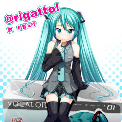 Rule 34 | 1girl, aqua necktie, blouse, character name, collared shirt, frilled shirt, frills, gradient background, green hair, grey shirt, hair between eyes, hatsune miku, knees together feet apart, long hair, necktie, shirt, sleeveless, sleeveless shirt, solo, song name, thighhighs, totokichi, twintails, very long hair, vocaloid, white background, zettai ryouiki