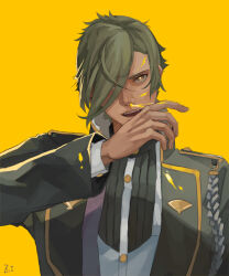 Rule 34 | 1boy, black jacket, blood, bright pupils, buttons, commentary, dated commentary, green hair, hair between eyes, hair over one eye, hizamaru (touken ranbu), jacket, long sleeves, male focus, military, military uniform, no gloves, nosebleed, open mouth, shirt, short hair, signature, simple background, solo, tassel, touken ranbu, uniform, upper body, white pupils, white shirt, wiping blood, yellow background, yellow blood, yellow eyes, zi tsas