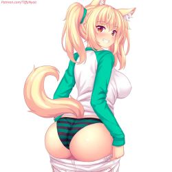 Rule 34 | 1girl, animal ear fluff, animal ears, ass, blonde hair, blush, breasts, cat ears, clothes pull, covered erect nipples, green scrunchie, grin, hair between eyes, hair ornament, hair scrunchie, highres, huge ass, large breasts, long hair, looking at viewer, looking back, nottytiffy, original, panties, pants, pants pull, raglan sleeves, red eyes, scrunchie, shirt, sidelocks, simple background, slit pupils, smile, solo, striped clothes, striped panties, tail, tail raised, tiffy (nottytiffy), twintails, underwear, watermark, web address, white background, white pants, white shirt