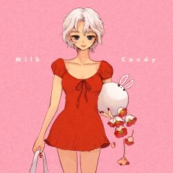Rule 34 | 1girl, absurdres, cowboy shot, dress, flower, highres, looking at viewer, original, pink background, pink flower, red dress, red nails, short hair, short sleeves, simple background, solo, standing, white hair, yuuinami