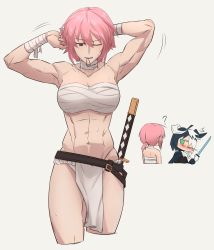 Rule 34 | 2girls, ?, abs, absurdres, alchemy stars, armpits, arms up, bandaged arm, bandaged neck, bandages, bandeau, belt, black belt, breasts, chest sarashi, commentary, cropped legs, fundoshi, grey background, hair between eyes, hair tie in mouth, highres, hiiro (alchemy stars), japanese clothes, katana, kimmy tsunami, medium breasts, midriff, mouth hold, multiple girls, muscular, navel, one eye closed, pink hair, purple eyes, sarashi, sharona (alchemy stars), short hair, simple background, standing, stomach, strapless, sword, thighs, tube top, weapon, wrist wrap