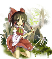 Rule 34 | 1girl, bad id, bad pixiv id, barefoot, bow, brown hair, detached sleeves, female focus, full body, gohei, hair bow, hakurei reimu, hidebo, japanese clothes, miko, nature, plant, short hair, solo, touhou, white background, yellow eyes