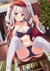 Rule 34 | 1girl, absurdres, artist name, ass, black bra, black panties, blush, bra, breasts, chair, christmas tree, cleavage, collarbone, dutch angle, eyebrows, fireplace, hair ribbon, hand on own chest, hat, head tilt, highres, indoors, kurasawa moko, legs up, long hair, looking at viewer, medium breasts, melonbooks, navel, open mouth, panties, panty pull, polka dot, polka dot bra, polka dot panties, purple eyes, ribbon, scan, silver hair, sitting, skindentation, solo, spread legs, thighhighs, twintails, two side up, underwear, white thighhighs