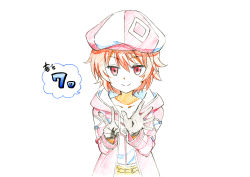 Rule 34 | 1boy, absurdres, black gloves, blush stickers, closed mouth, coat, collarbone, colored pencil (medium), countdown, gloves, hat, highres, itai no wa iya nano de bougyoryoku ni kyokufuri shitai to omoimasu, kanade (bofuri), long sleeves, looking at viewer, male focus, official art, open clothes, open coat, open hand, orange hair, red coat, red eyes, short hair, simple background, smile, solo, speech bubble, traditional media, trap, upper body, v, white background