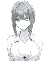 Rule 34 | 1girl, breasts, chainsaw man, cleavage, collarbone, commentary, commentary request, english commentary, graphite (medium), greyscale, highres, large breasts, light smile, looking at viewer, makima (chainsaw man), mixed-language commentary, monochrome, open collar, sakura umituki, shirt, sidelocks, simple background, solo, traditional media, upper body