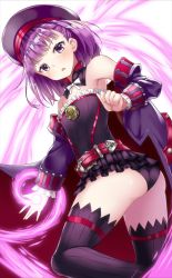 Rule 34 | 1girl, ass, bare shoulders, beret, black thighhighs, blush, bow, bowtie, detached sleeves, fate/grand order, fate (series), hat, helena blavatsky (fate), helena blavatsky (third ascension) (fate), looking at viewer, open mouth, panties, purple eyes, purple hair, shimo (shimo 00), short hair, solo, strapless, thighhighs, underwear, white bow
