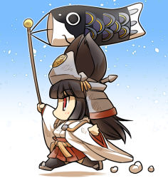 Rule 34 | animal ears, arm up, azur lane, black hair, chibi, comic, commentary request, gradient background, headgear, hisahiko, japanese clothes, koinobori, long sleeves, nagato (azur lane), pleated skirt, red eyes, sandals, skirt, solo, thighhighs, wide sleeves, windsock
