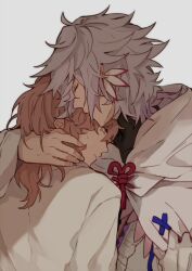Rule 34 | 2boys, black shirt, closed eyes, clothes grab, earrings, fate/grand order, fate (series), gloves, green eyes, grey hair, hair between eyes, hand on another&#039;s neck, head kiss, head on another&#039;s shoulder, hood, hood down, hooded robe, jewelry, kiss, long hair, long sleeves, male focus, merlin (fate), multiple boys, orange hair, parted lips, robe, romani archaman, ruoyin, shirt, simple background, sweat, turtleneck, white background, white gloves, white robe, wide sleeves, yaoi