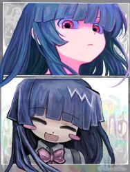 1girl :d abstract_background blue_hair blunt_bangs blush_stickers border bow closed_mouth furude_rika highres higurashi_no_naku_koro_ni kinutaku open_mouth pink_bow smile