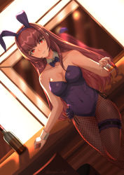 Rule 34 | 1girl, absurdres, animal ears, bottle, breasts, cleavage, covered navel, cup, detached collar, drinking glass, fate/grand order, fate (series), fishnet pantyhose, fishnets, highres, holding, holding cup, indoors, leotard, long hair, lucyan, official alternate costume, pantyhose, playboy bunny, purple hair, purple leotard, purple neckwear, rabbit ears, red eyes, scathach (fate), scathach (piercing bunny) (fate), smile, strapless, strapless leotard, table, very long hair, wrist cuffs