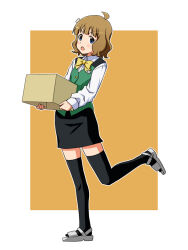 Rule 34 | 1girl, ahoge, black skirt, black thighhighs, blue eyes, blush, border, bow, bowtie, box, brown background, brown hair, buttons, child, commentary request, cosplay, flat chest, full body, green vest, holding, holding box, idolmaster, idolmaster million live!, lielos, long sleeves, looking at viewer, name tag, open mouth, otonashi kotori, otonashi kotori (cosplay), pencil skirt, sandals, shirt, short hair, skirt, solo, standing, standing on one leg, suou momoko, thighhighs, v-shaped eyebrows, vest, wavy hair, white border, white footwear, white shirt, yellow bow, yellow bowtie, zettai ryouiki