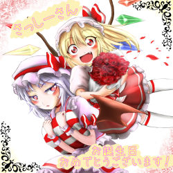 Rule 34 | 2girls, bat wings, blonde hair, blue hair, blush, bouquet, bow, fang, female focus, flandre scarlet, flower, hat, multiple girls, open mouth, petals, pillow, red eyes, remilia scarlet, rose, skirt, smile, tamasan, thighhighs, touhou, translation request, white legwear, wings, wrist cuffs
