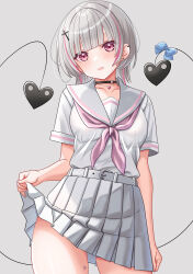 Rule 34 | 1girl, absurdres, asumi sena, belt, black collar, breasts, clothes lift, collar, contrapposto, cowboy shot, cross hair ornament, demon tail, diagonal bangs, ear piercing, earrings, grey belt, grey hair, grey sailor collar, grey skirt, hair ornament, haruo860, heart, heart necklace, highres, jewelry, leg tattoo, looking at viewer, medium breasts, medium hair, miniskirt, multicolored hair, neckerchief, necklace, parted lips, piercing, pink eyes, pink hair, pink neckerchief, pleated skirt, sailor collar, school uniform, shirt, short sleeves, simple background, skirt, skirt lift, solo, streaked hair, tail, tattoo, virtual youtuber, vspo!, white shirt